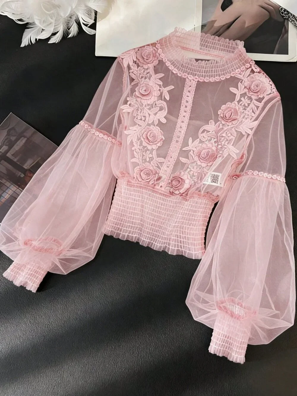 Pink Elegant Women's 3D Floral Patchwork Sheer Lantern Sleeve Cropped Top - Picture 3 of 6